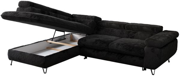 Ecksofa mit Bettfunktion, Modern Sofa, L-form, Einstellbare Kopfstützen, Bettkasten - PETER - Schwarz Plüsch - Topper T25 - links Bild 3