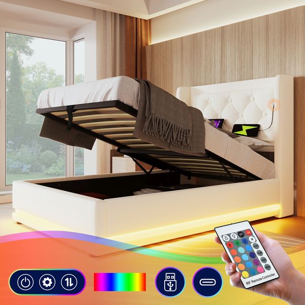Polsterbett 90x200 cm mit LED-Beleuchtung & USB-Type-C, Stauraum-Bett mit gepolstertem Kopfteil,Weiß