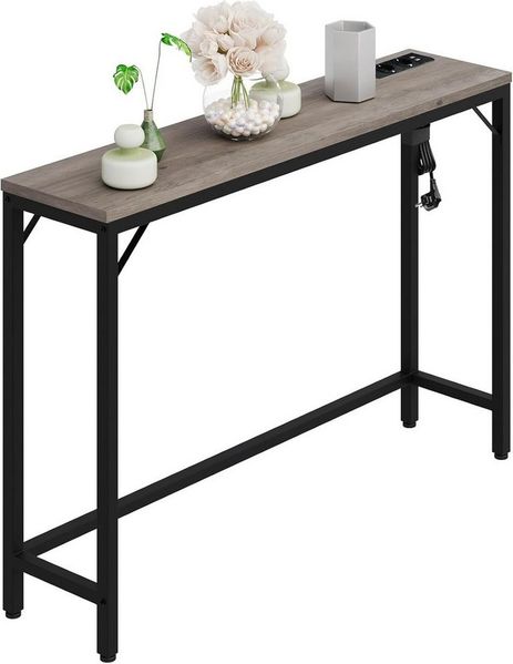 GarveeMore Konsolentisch mit Steckdose und USB-Anschluss,100 x 23 x 80 cm, Ladestation Beistelltisch für Eingang Flur Wohnzimmer,Metallgestell