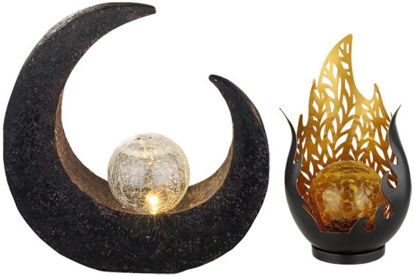 2er Set LED Solarleuchte, Flamme/Mond, Akku, schwarz