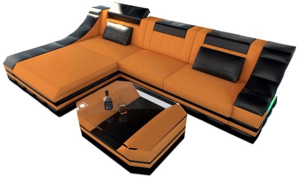 Stoff Ecksofa Turino L Form - Mikrofaserstoff - apricot-schwarz - Links