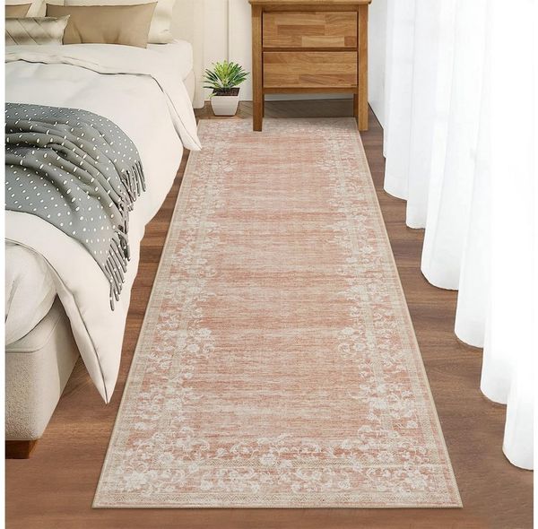 GarveeMore Veloursteppich Waschbarer Vintage Teppich Designteppich Läufer mit floraler Bordüre, Moderner Kurzflor, rutschfest, pflegeleicht & schmutzabweisend