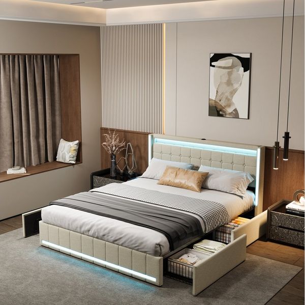 Gdood Polsterbett Stauraumbett Doppelbett LED (1-tlg, 4 Schubladen, USB + Type-C), Mit LED-Beleuchtung, Ladeanschluss, Leinen, 140x200 cm