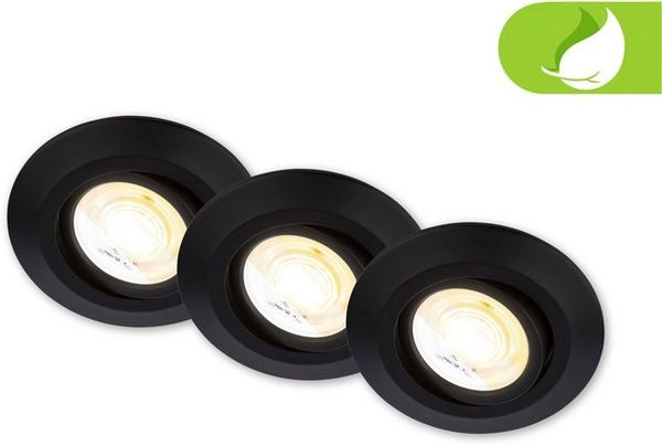 BRILONER - 3er Set LED Einbaustrahler 230V Gehäuse 50% recycelt, Schwenkbar, Ra90, Farbtemperaturwechsel, LED Spot, flach, Deckenspots, Einbauleuchten, 68mm Lochmass, 90x24 mm (DxH), Schwarz
