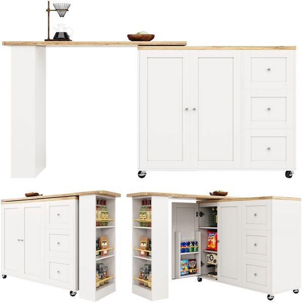 Sideboard 203/135x39x104/106 cm, 360° drehbar, MDF, mit 3 Schubladen und Snackregal, auf Rollen, weiß