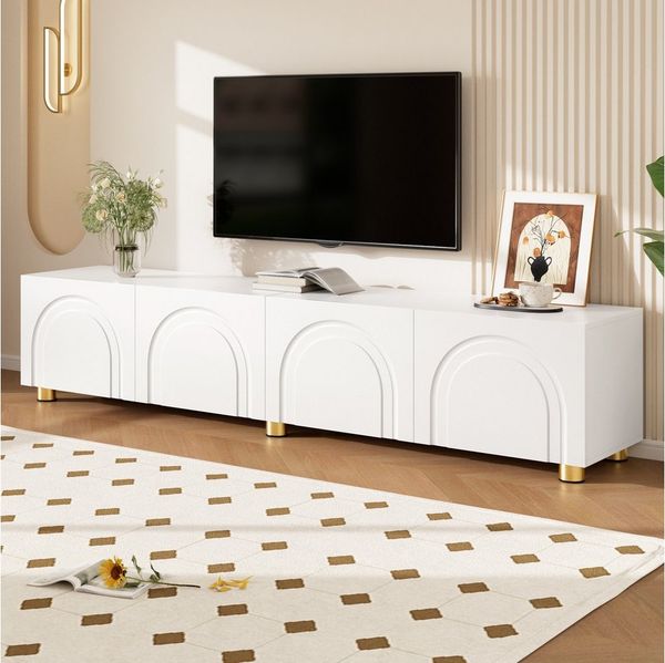HAUSS SPOLE TV-Schrank TV-Schrank mit Metallfüßen,Bogenrelief Fernsehschrank aus PB & MDF (Fernsehbank TV-Ständer mit Türen mit Bogenrelief) TV-Lowboard mit Korpus aus PB und MDF