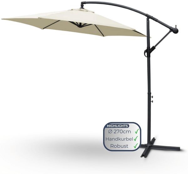Ampelschirm 270cm Wetterfest EMCO [Inkl. Schutzhülle] Sonnenschirm 6-eckig | Kurbelschirm mit Ständer und Windschutz Gartenschirm | Creme