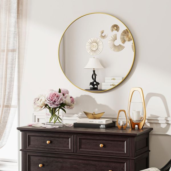 Koonmi 60cm Runder Spiegel Gold Spiegel Rund Wandspiegel mit Rahmen aus Aluminiumlegierung für Badezimmer, Waschtisch, Wohnzimmer, Schlafzimmer, Eingang Wanddekoration