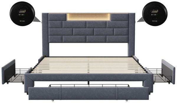 Gdood Polsterbett Stauraumbett Doppelbett LED + Schubladen (1-tlg, USB + TYPE-C Ladeanschluss), Mit LED-Beleuchtung, Lattenrost, Samt, 160x200 cm