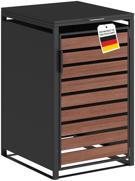 STEELSØN 'Kestra' Mülltonnenbox für 1 Tonne 240 Liter, graphitschwarz mit Nußbaum-Holzoptik, Mülltonnenverkleidung aus Stahl, wetterfest, 116x80x69 cm