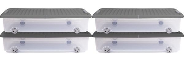 ONDIS24 Aufbewahrungsbox Unterbettbox Rollerbox 35 W aus Kunststoff (4er Set), Volumen ca. 35 Liter, Maße ca. 74 x 37 x 17 (H) cm, transparent-grau