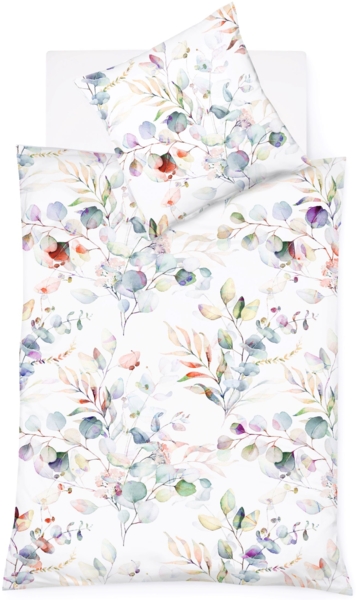 Fleuresse Halbleinen Bettwäsche 200x220 Blätter aquarell blau koralle 344339-09