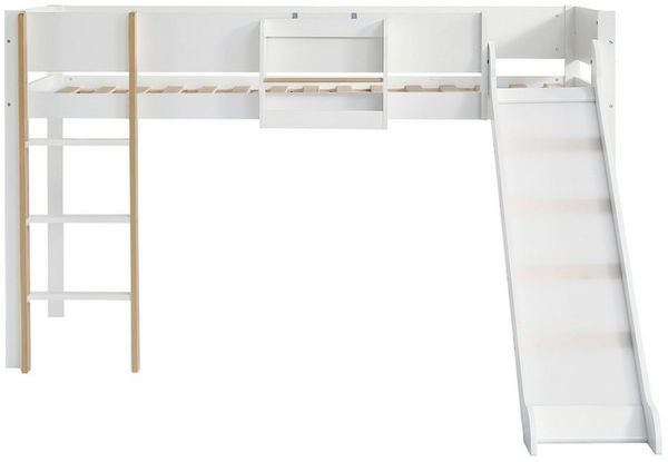 BlingBin Hochbett Kinderbett Jugendbett Einzelbett Massivholzbett (Bettgestell mit Dreistufiger Derader Leiter, mit Rutsche, mit Abnehmbarem Regal, 1-St, 90x200cm, Ohne Matratze, Tragfähigkeit: 120KG) Holzbett aus Kiefer und MDF für Kinderzimmer Jugend...