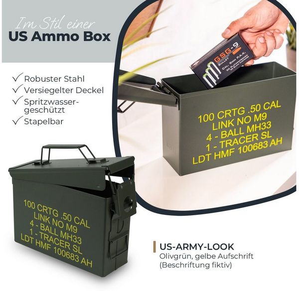 HMF Aufbewahrungsbox Munitionskiste, US Ammo Box, Metallkiste, 27,5 x 17,5 x 9,5 cm, grün