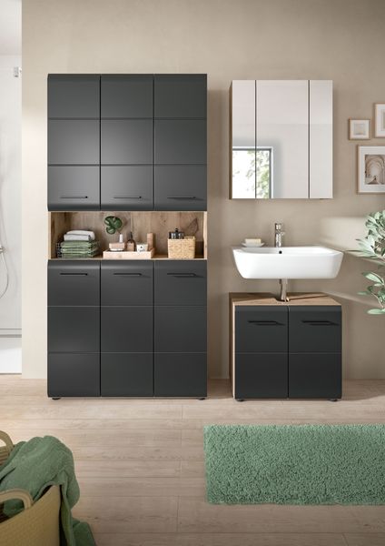 Badezimmer-Set >Ice< in Nox Oak / Schwarz - 165x185x46cm (BxHxT)