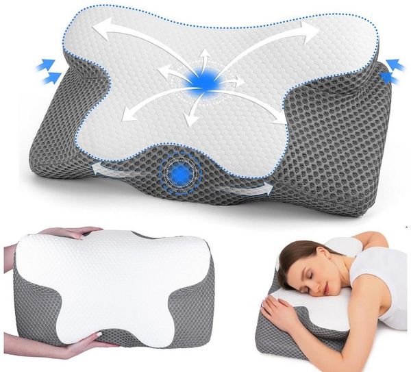 AKKEE Nackenstützkissen Kopfkissen, Orthopädisches Kissen Memory Foam KopfKissen, Füllung: Memory Foam, Die Rillen im Kissenkern passen sich den Konturen von Kopf und Nacken an und stützen so effektiv Kopf und Nacken. Dadurch wird der Druck auf die Hal...