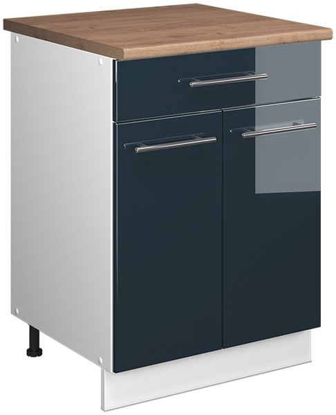 Unterschrank für Spüle/Kochfeld Fame-Line Dunkelblau Hochglanz/Weiß 60 cm mit Schublade, AP Eiche Vicco
