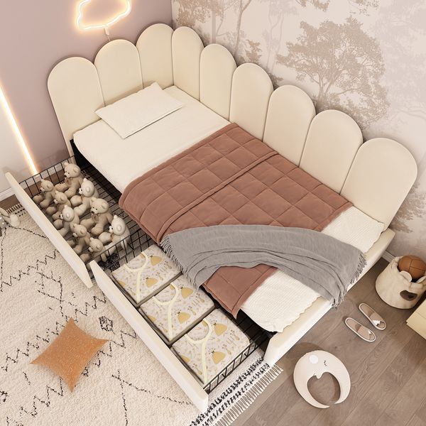 Polsterbett 90×190 cm aus Samt-Stoff mit zweißSchubladen, beige