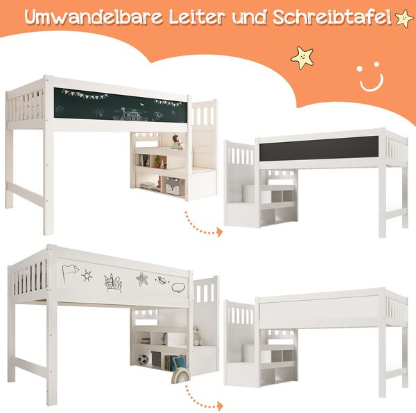 Hochbett 90x200 cm Weiß Kinderbett aus Massivholz mit Treppe und Stauraum, Schreibtafel, links und rechts montierbar Bild 7