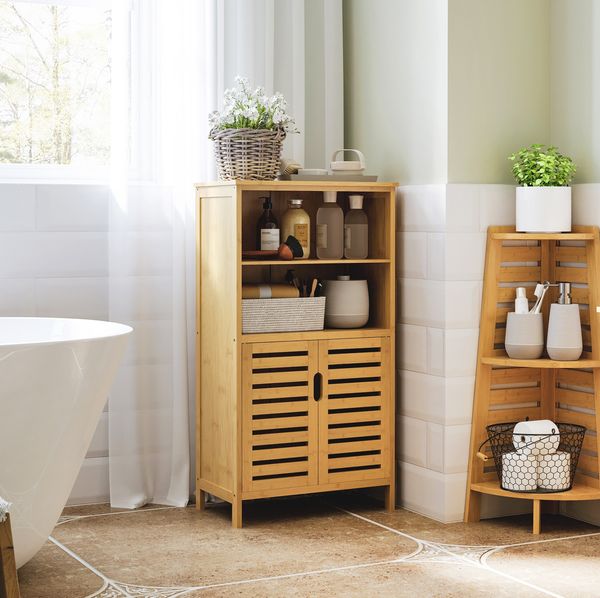 Badezimmerschrank 50 x 29 x 92 cm aus Bambus mit 2 offenen Fächern und Doppelschrank