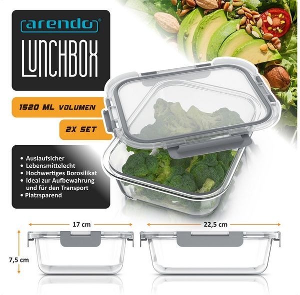 Arendo Frischhaltedose Rechteckige Vorratsdose, Klick-Deckel für Lebensmittel, stapelbar, Glas, (Set, 2-tlg, 2er Set Lunchboxen), Borosilikatglas, 1520ml, luftdicht, backofenfest, mikrowellengeeignet