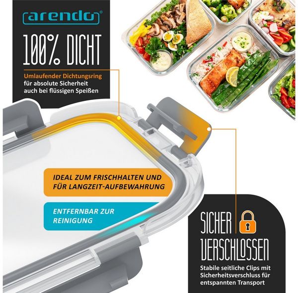 Arendo Frischhaltedose Rechteckige Vorratsdose, Klick-Deckel für Lebensmittel, stapelbar, Glas, (Set, 2-tlg, 2er Set Lunchboxen), Borosilikatglas, 1520ml, luftdicht, backofenfest, mikrowellengeeignet Bild 2
