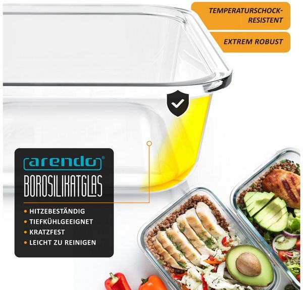 Arendo Frischhaltedose Rechteckige Vorratsdose, Klick-Deckel für Lebensmittel, stapelbar, Glas, (Set, 2-tlg, 2er Set Lunchboxen), Borosilikatglas, 1520ml, luftdicht, backofenfest, mikrowellengeeignet Bild 3