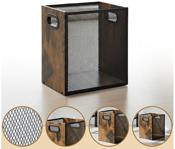 PRIISF Papierkorb Mülleimer Müllkorb Abfalleimer Papierkorb Papiereimer aus Stahl Holz, 17L Papiermüll Metallgitter Müllbehälter für Heimbüro, Arbeitszimmer