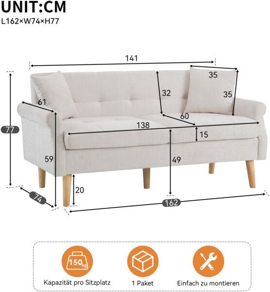 Chenille Kompaktsofa mit Federkern & hohen Massivholzfüßen, 162x74x77 cm, Beige Bild 10