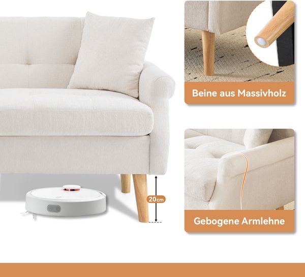 Chenille Kompaktsofa mit Federkern & hohen Massivholzfüßen, 162x74x77 cm, Beige Bild 6
