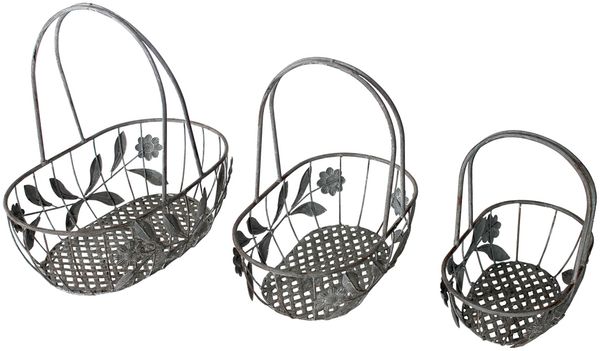 Deko-Korb-Set Blumenkorb Eisenkorb Obstkorb Gitterkorb Garten 3tlg. Antik Grau