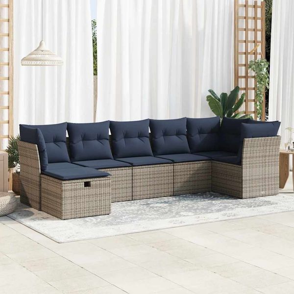 vidaXL 7-tlg. Garten-Sofagarnitur mit Kissen Grau Poly Rattan 3325307