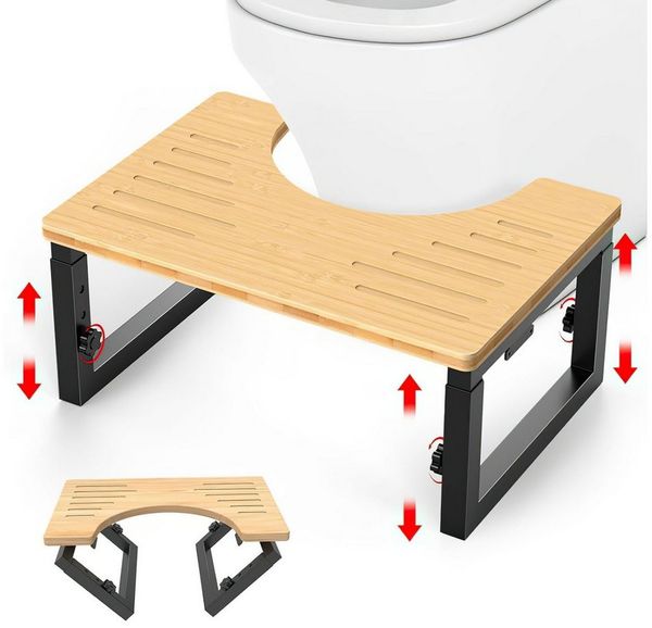 HEYHIPPO Tritthocker Klappbarer Toilettenhocker Höhenverstellbarer Fußhocker Holzfarbe (Stabiler und tragbarer Toilettentritthocker mit geringem Platzbedarf, Ein Tritthocker), Rutschfester Fußhocker für Erwachsene und Kinder aus Bambus