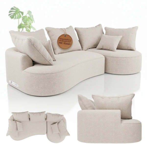 Juskys Sofa Tirano - Bouclé Creme , Ecksofa mit L-Form, mit Rücken- & Dekokissen, 4-Sitzer Eckcouch, Schaumstoff - Ottomane rechts