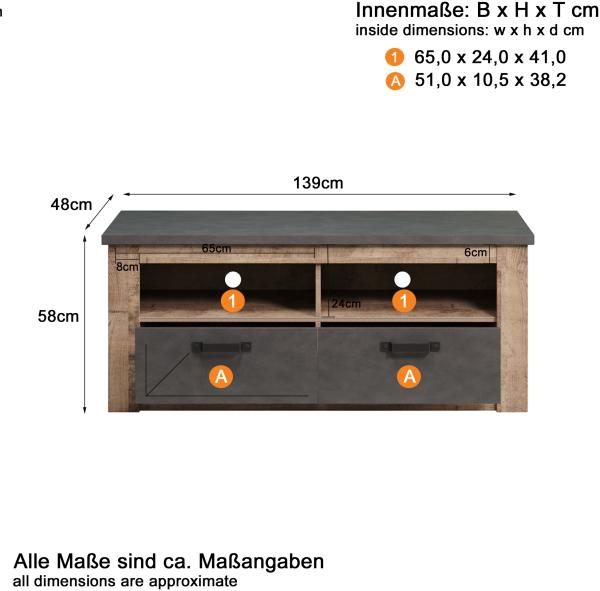 TV-Lowboard Georgia in Eiche Tabak und grau Matera 140x58 cm