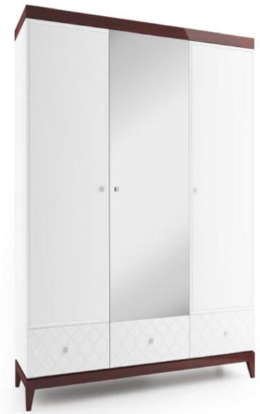 Casa Padrino Luxus Kleiderschrank Weiß / Hochglanz Braun 171,4 x 60 x H. 205 cm - Massivholz Schlafzimmerschrank mit Spiegel - Schlafzimmermöbel