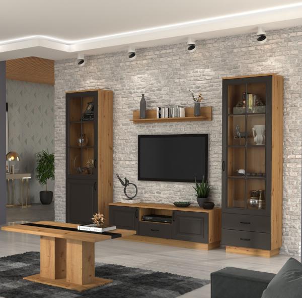 4-tlg. Wohnwand Stilo 270 cm Landhaus Grau Eiche Artisan