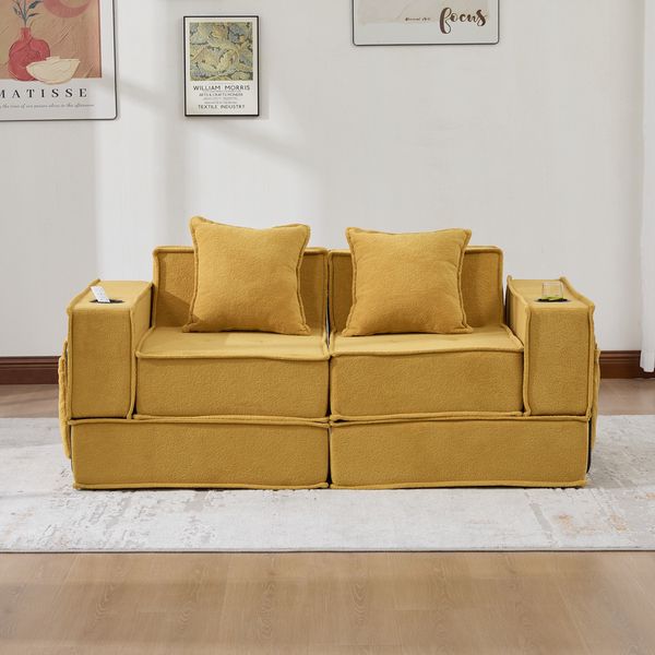 Sofa 162x78x66 cm in Senfgelb, Chenille, mit 120x54 cm Sitzfläche, 2 Kissen und seitlichen Stauraumtaschen