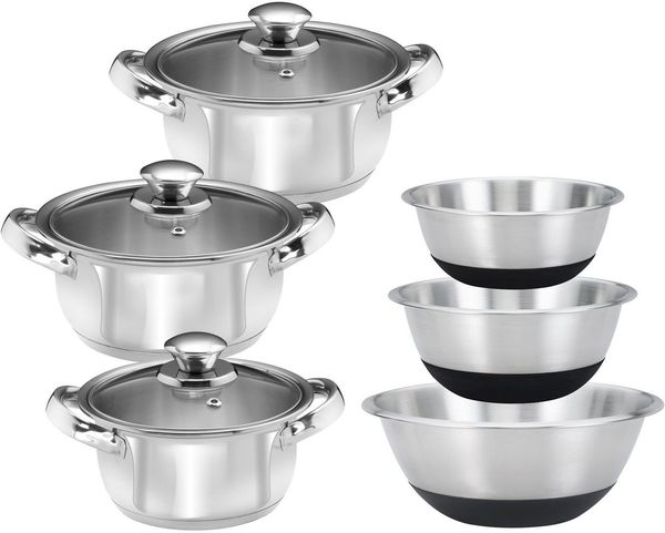 KING Topf-Set EDELSTAHL, Edelstahl (Set, 9-tlg, 3 Töpfe Ø 16/18/20 cm inkl. Glasdeckel, 3 Schüsseln), Induktion