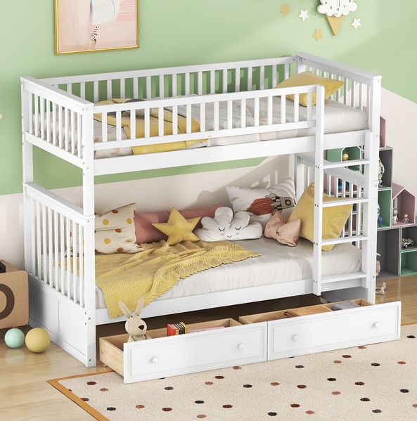 Etagenbett 90x200 cm mit 2 Schubladen – umwandelbares Kinderbett aus Kiefernholz in Weiß