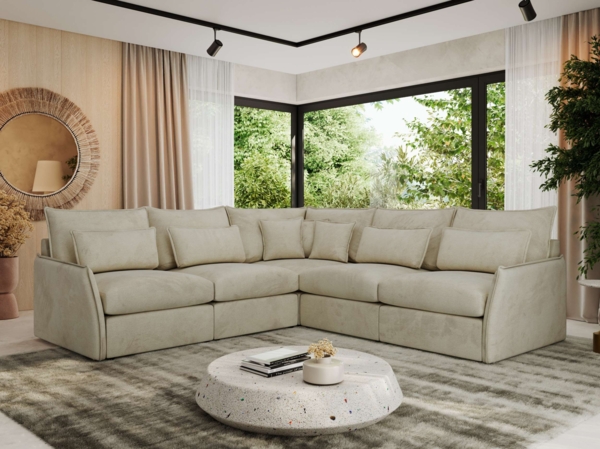 Ecksofa für Wohnzimmer, L-förmige Ecke mit losen Kissen, modular 4-Sitzer couchgarnitur - VERSO - Beige Velours