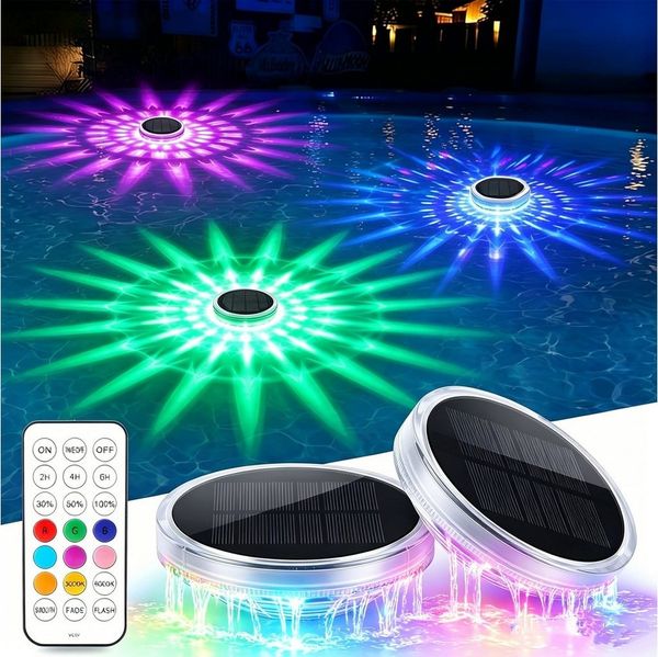 oyajia Pool-Lampe Schwimmende Poolbeleuchtung, RGB Solar Poollicht mit Fernbedienung, 2er Set, LED fest integriert, RGB, IP68 Wasserdicht Unterwasser Licht für Pool, Whirlpool, Teich, Garten