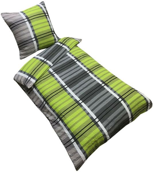 Visaggio Bettwäsche 135x200 cm oder 155x220 cm Allergiker geeignet, Seersucker, 2 teilig, Grün Grau gestreift modern