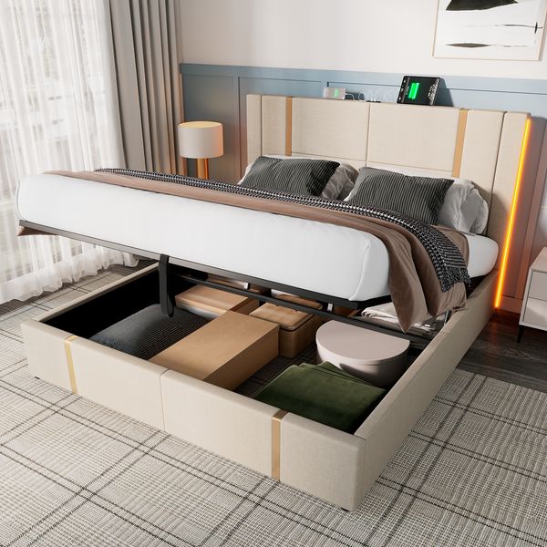 Polsterbett aus Leinen mit LED & USB-Anschluss, Stauraum, 180x200 cm, Beige, ohne Matratze