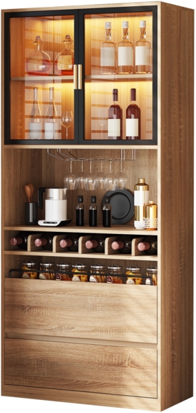 Merax Vitrinenschrank, mit Glastüren und Beleuchtung, Holz Natur, 180 x 80 x 40 cm