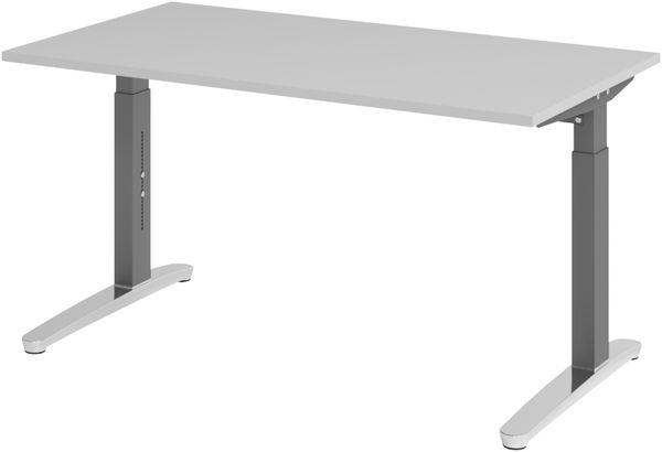bümö manuell höhenverstellbarer Schreibtisch 140x80 in grau, Gestell in graphit/alu - PC Tisch höhenverstellbar & klein, höhenverstellbarer Tisch Büro, kleiner Computertisch verstellbar, X14-5-GC