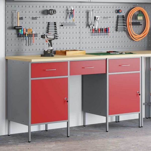 vidaXL Werkbank mit Schubladen 3 pcs Rot Ingenieure Holz und Stahl 3321375