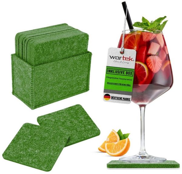 wortek Getränkeuntersetzer Filz-Untersetzer Eckig für Gläser 10er Set + Box, Zubehör für Tisch & Gläser, Set, 10-tlg, waschbare Getränke Glasuntersetzer Gläser, Tischuntersetzer Filz 10 cm