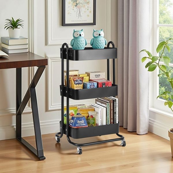 Home Nature Wohnkonzept Küchenrollwagen mit 3 Ebenen Schwarz, platzsparender Rollwagen für Küche, Bad und Haushalt, Schwarz, 80 × 40 × 44 cm