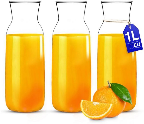 KONZEPT Wasserkaraffe Karaffe Glaskaraffe Transparente 1 Liter, (3-tlg), ideal für Wasser, Saft, Wein, Limonade, Coctails und Milch
